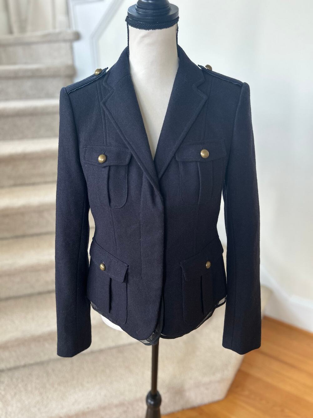 Vintage 2010s Loft Wool Navy Brass Button Military Peplum Blazer Jacket